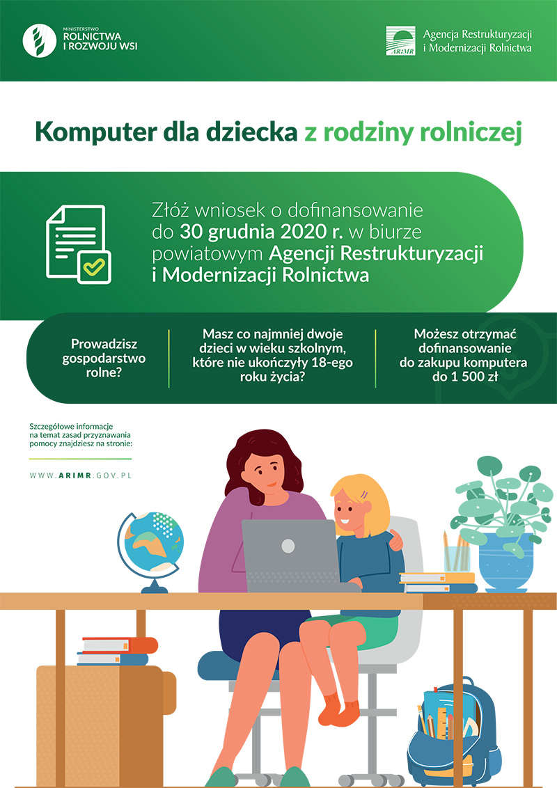 Plakat dofinansowanie zakupu komputera dla rodzin prowadzących gospodarstwo rolne